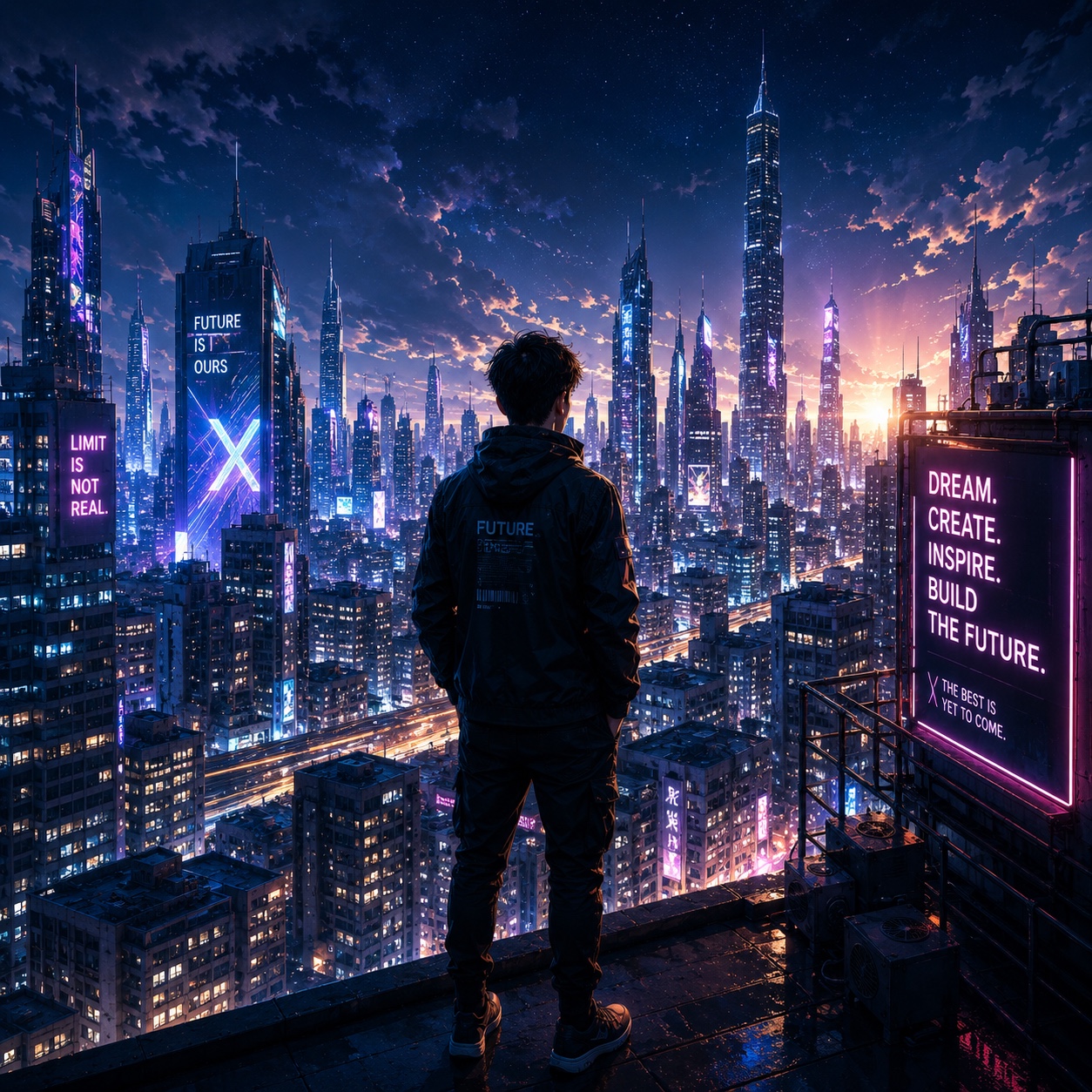 WCEESO story-driven image of a young man overlooking a futuristic city at night