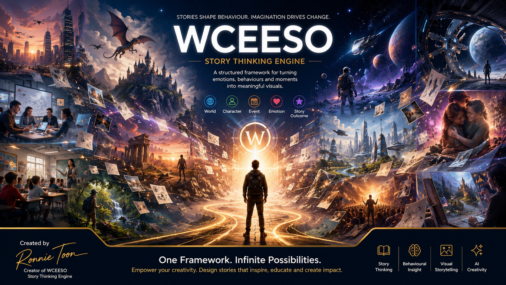 WCEESO Story Universe hero image showing one framework with infinite visual story possibilities