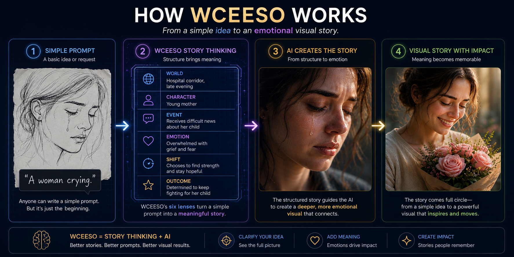 How WCEESO Works infographic showing a simple prompt transformed through story thinking into an emotional visual story with impact