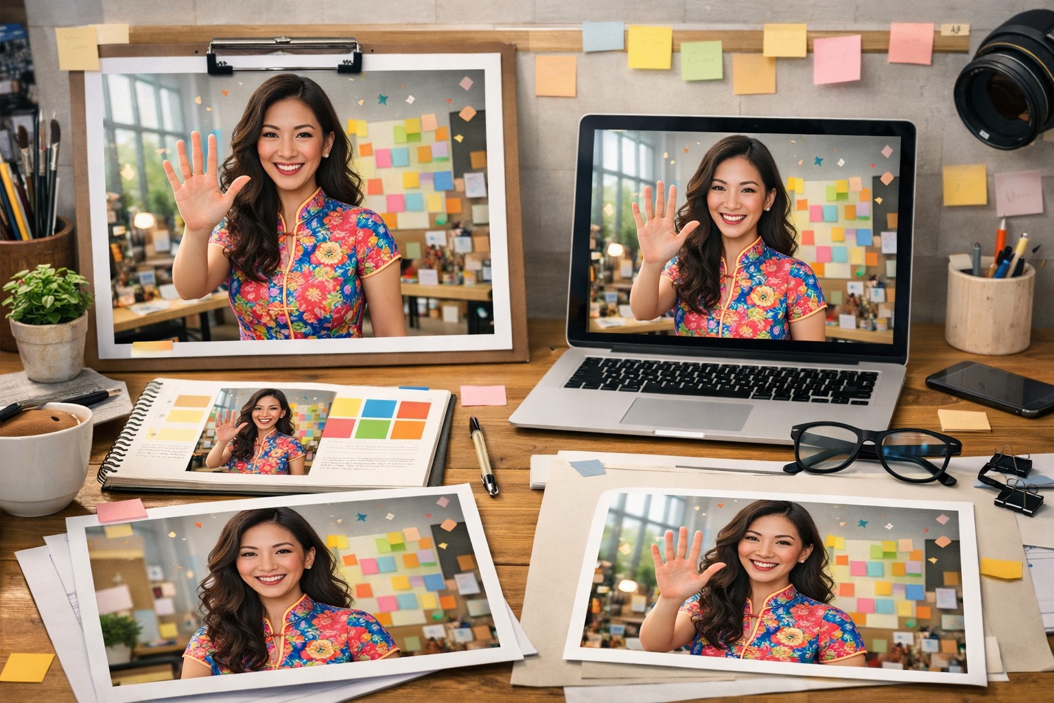 Content creation desk with multiple image layouts and design references