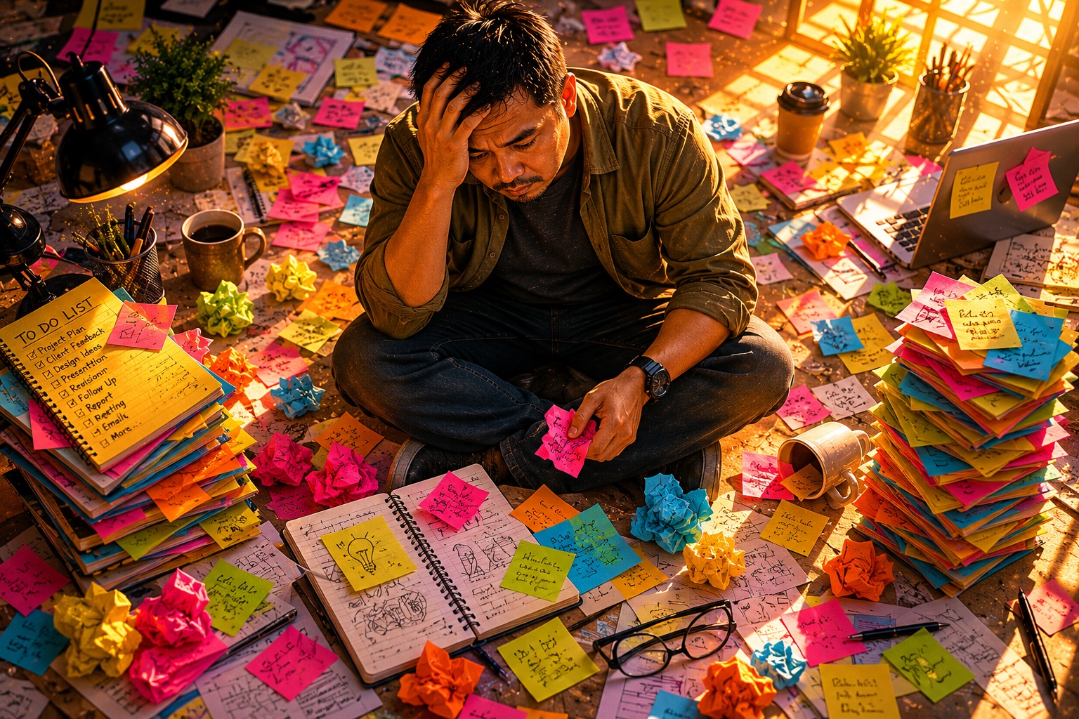 Creator surrounded by colourful notes and ideas