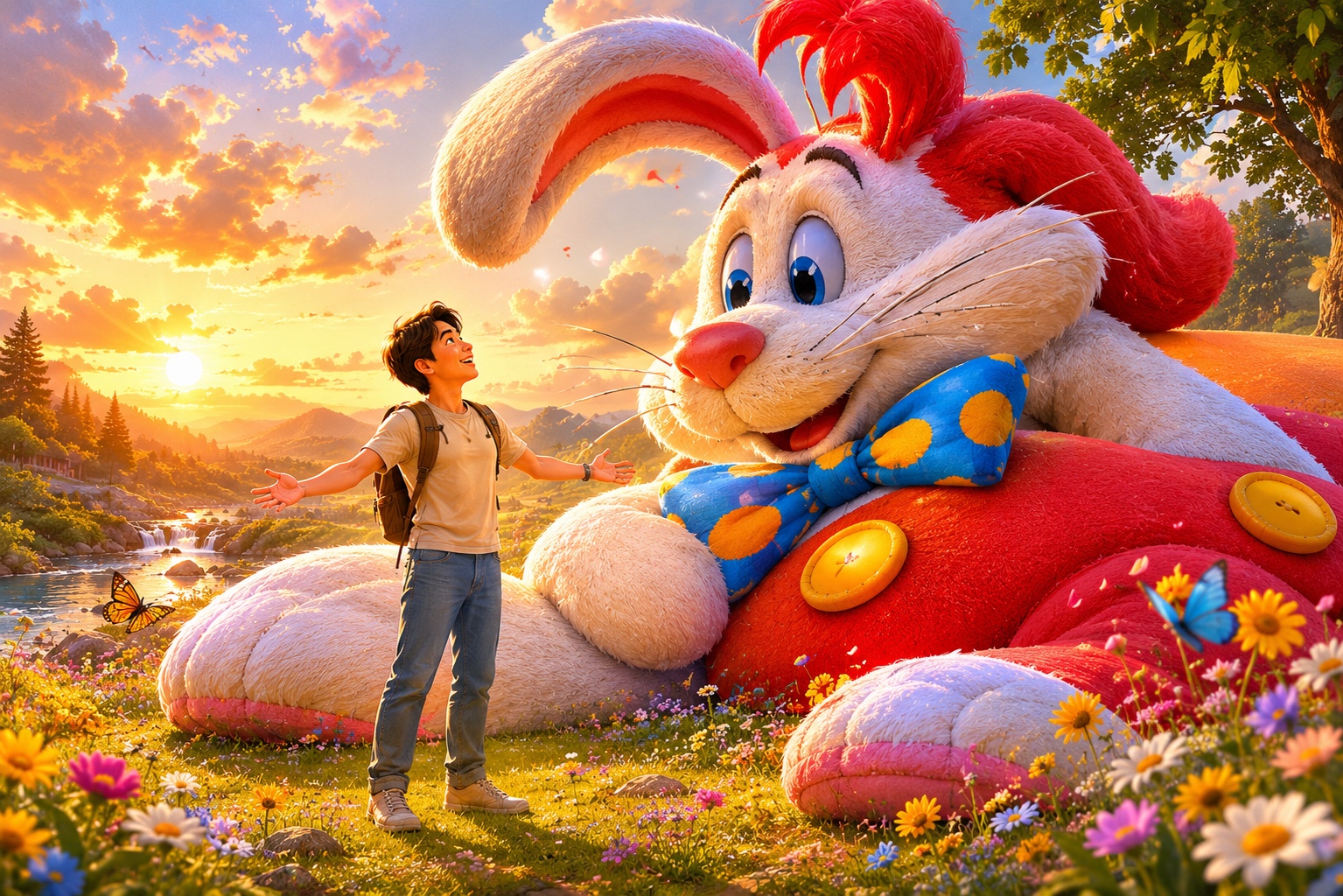 Young person meeting a giant colourful rabbit in a fantasy meadow