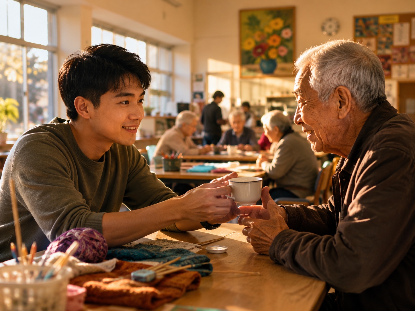 Young man offering tea to an elderly man in a warm community setting