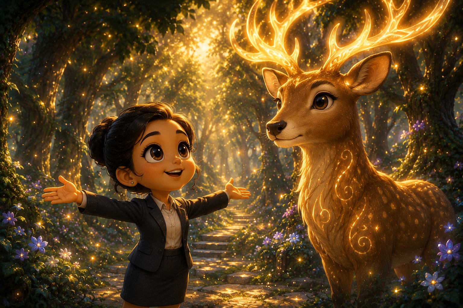 Chibi-style character meeting a glowing deer in an enchanted forest