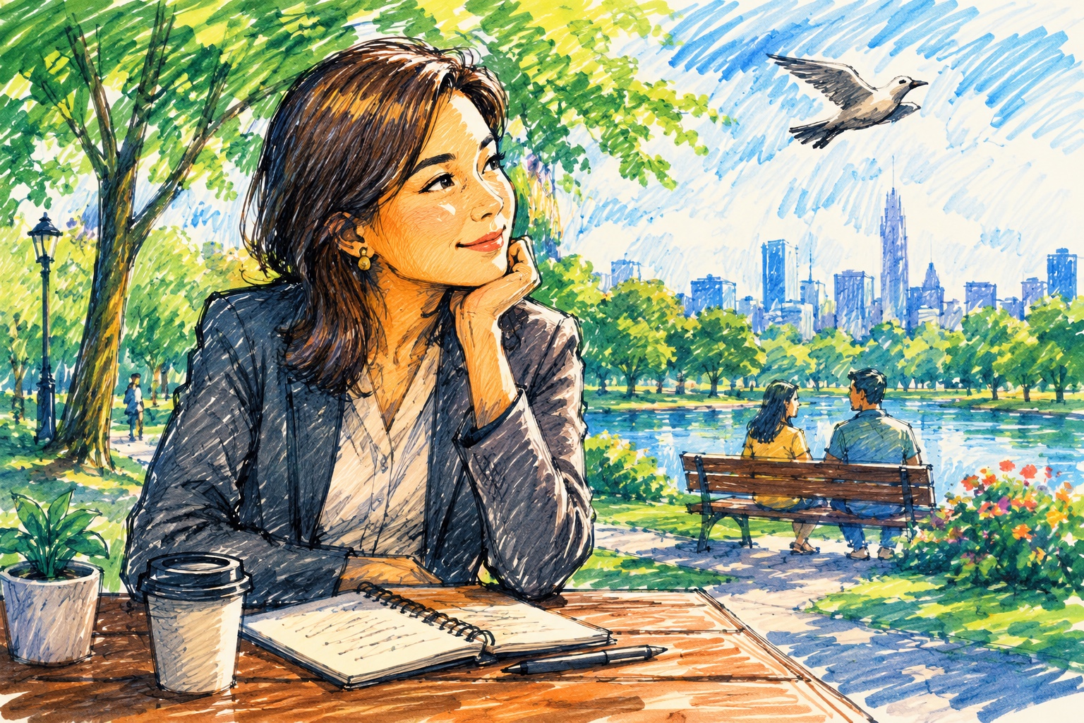 Woman sketching in a peaceful park beside a lake