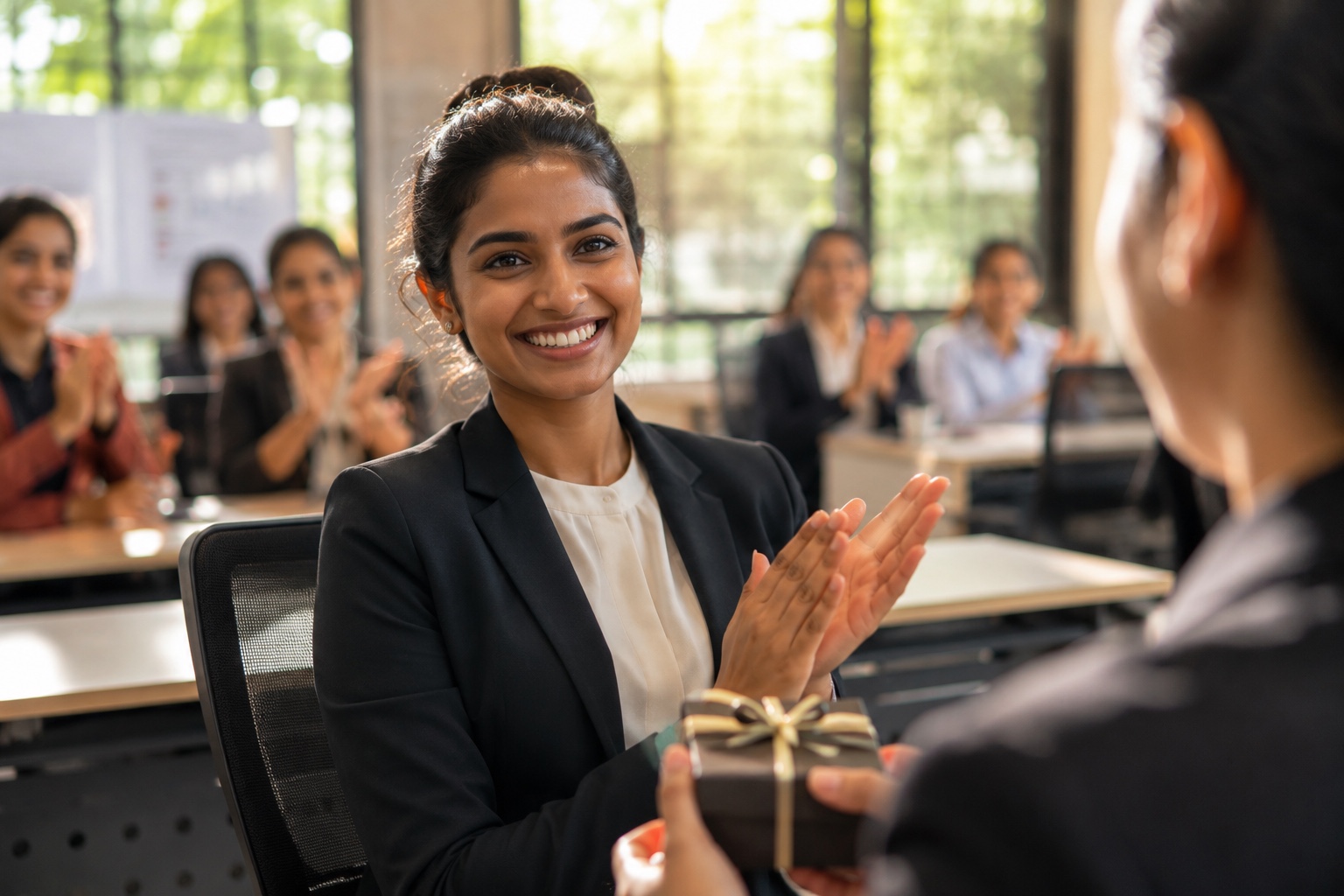 Professional receiving appreciation during a workplace learning session